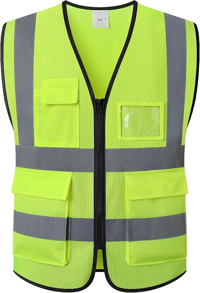 High visibility safety vest with reflective strips and multiple pockets