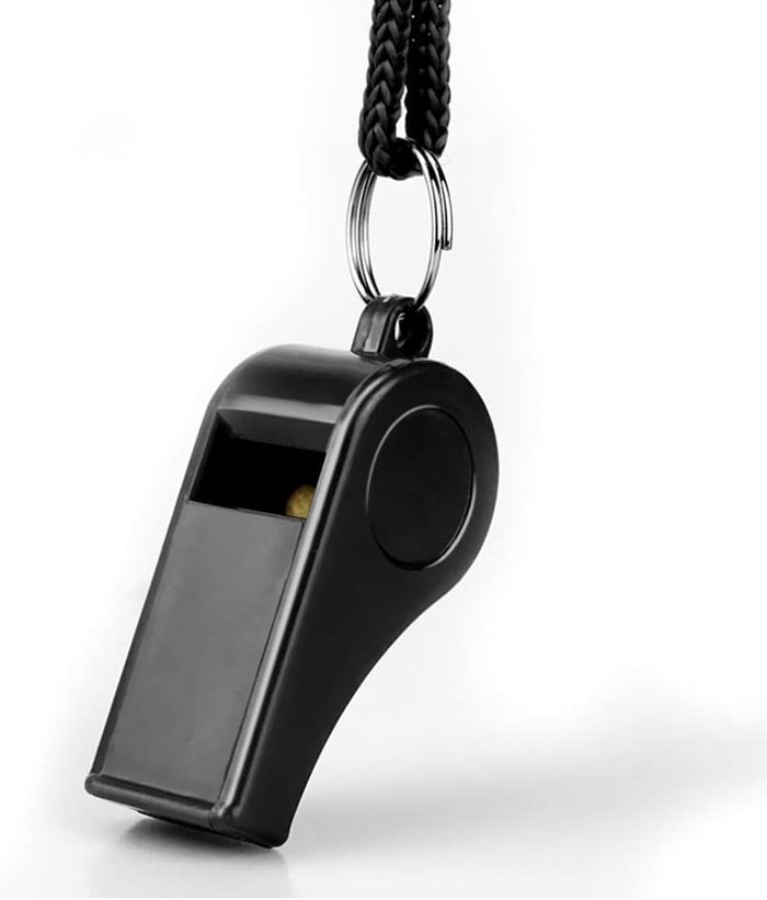 Whistle with braided black lanyard and metal attachment ring